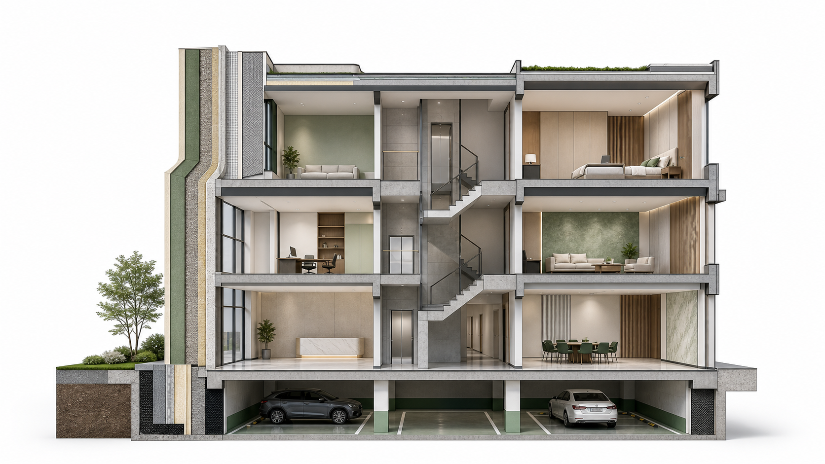 Building section illustrating selected product application areas